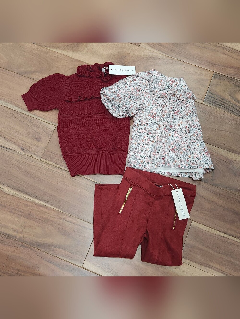 Janie and Jack Girls' Burgundy Knit Top, Floral Blouse & Burgundy Pants 2T Set